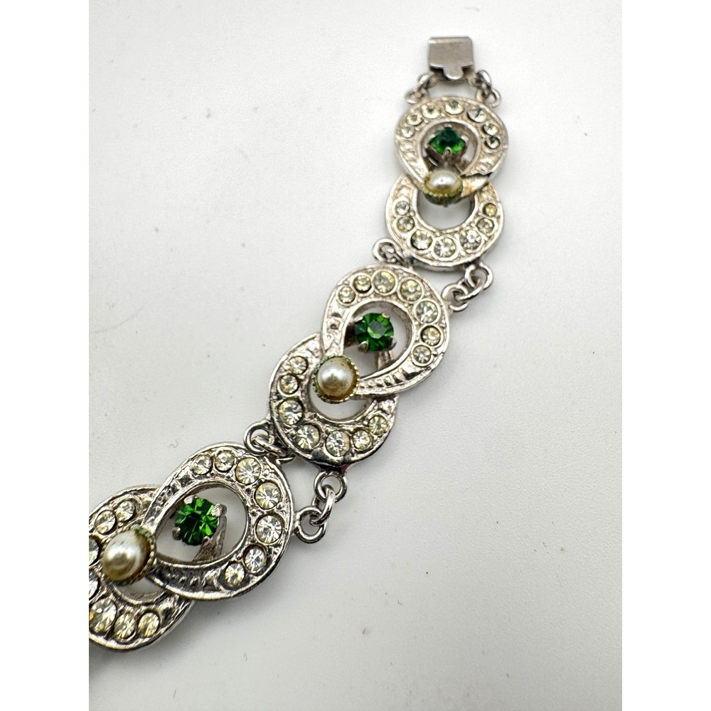 Vintage Rhinestone Bracelet Green Link Faux Pearl Silver Tone 1950s READ